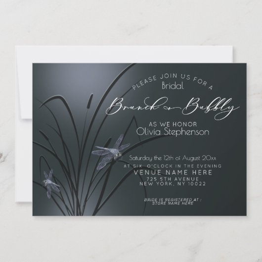Brunch und Bubbly Dusty Blue Dragonfly Einladung (Vorderseite)
