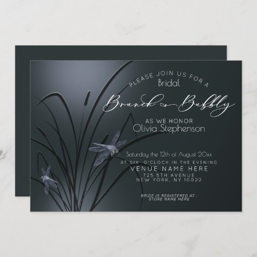Brunch und Bubbly Dusty Blue Dragonfly Einladung (Vorne/Hinten)