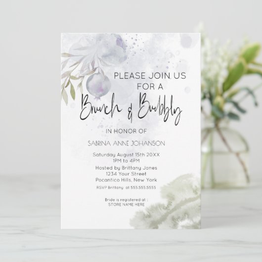 Brunch und Bubbly Dusty Blue Rose und Rosehip Einladung (Stehend Vorderseite)