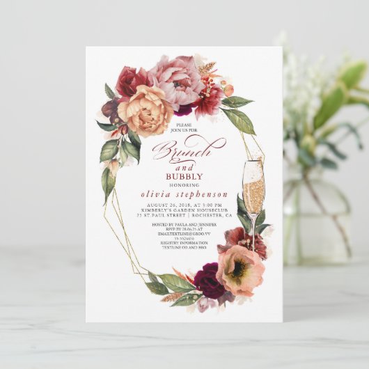 Brunch und Bubbly Floral Modern Fall Brautparty Einladung (Stehend Vorderseite)