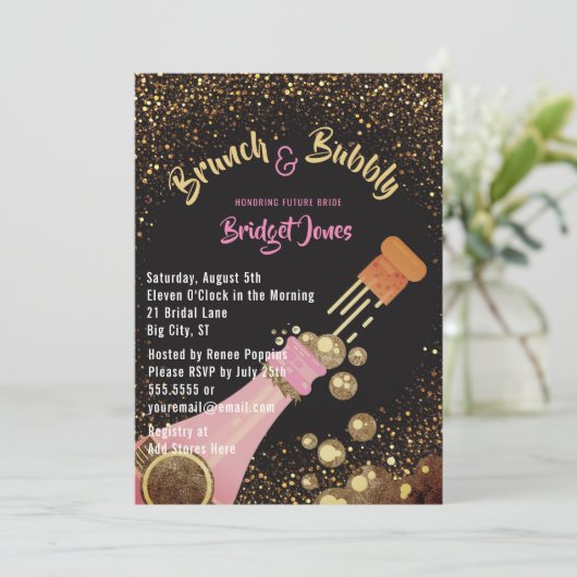 Brunch und Bubbly Glitzer Bridal Dusche Einladung (Stehend Vorderseite)