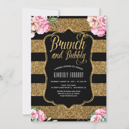 Brunch und Bubbly Gold Brautparty Einladung (Vorderseite)