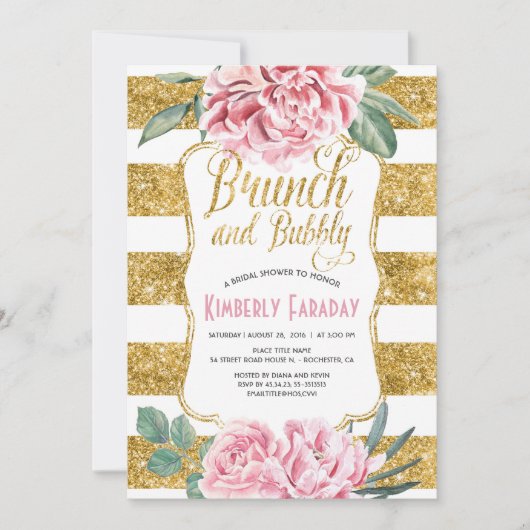Brunch und Bubbly Gold Brautparty Einladung (Vorderseite)
