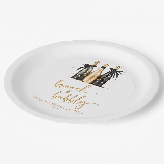 Brunch und Bubbly Gold Champagner Brautparty Pappteller (Schrägansicht)