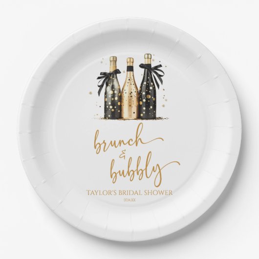 Brunch und Bubbly Gold Champagner Brautparty Pappteller (Vorderseite)