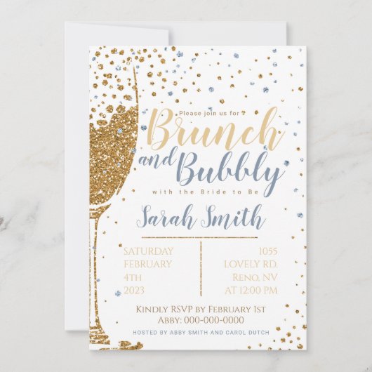 Brunch und Bubbly gold Glitzer_dusty blue Einladung (Vorderseite)