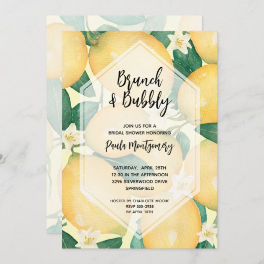 Brunch und Bubbly Lemons Brautparty Einladung (Vorne/Hinten)