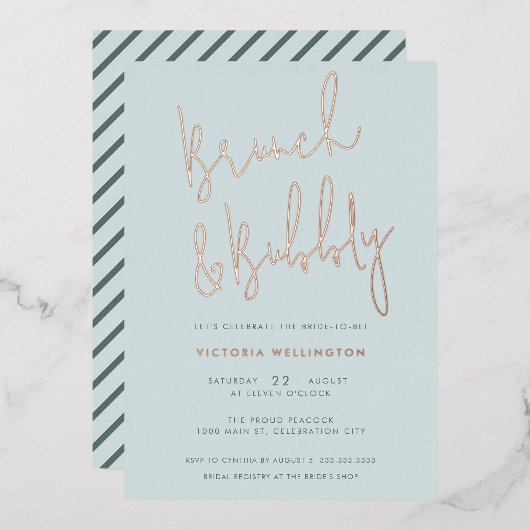 Brunch und Bubbly Light Blue Brautparty Gold Folieneinladung (Vorderseite/Rückseite)
