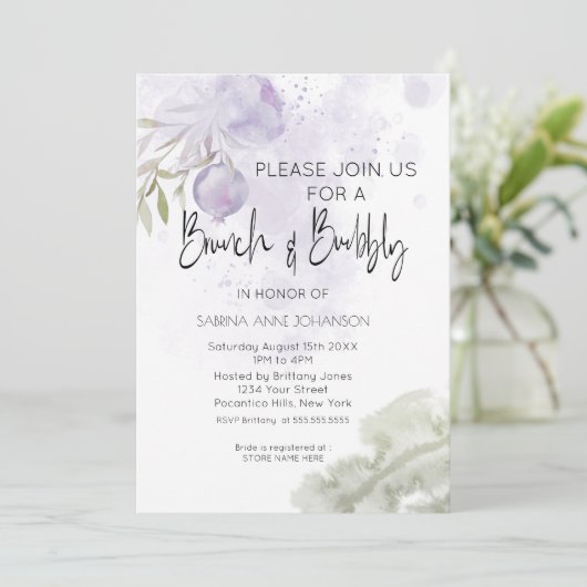 Brunch und Bubbly Lilac Lila Rose Einladung (Stehend Vorderseite)