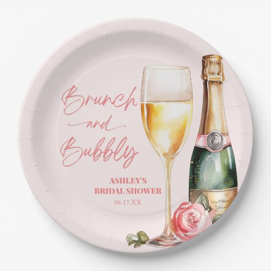 Brunch und Bubbly Mimosa Champagne Brautparty Pappteller (Vorderseite)