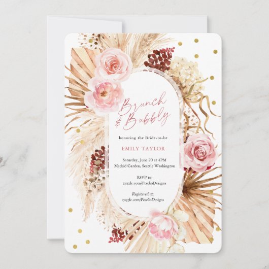 Brunch und Bubbly Modern Boho Pink Floral Bridal Einladung (Vorderseite)