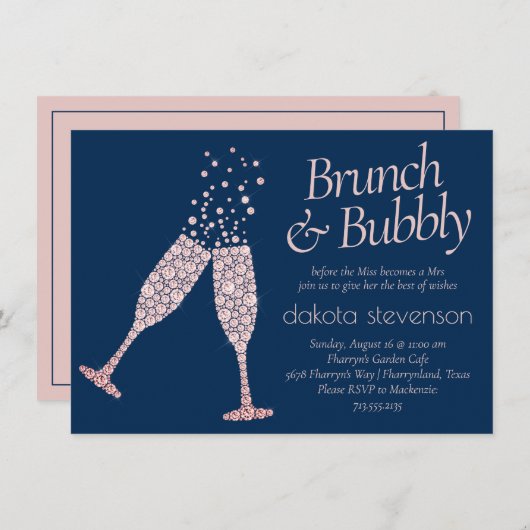 Brunch und Bubbly | Navy Blue Blush Pink Dusche Einladung (Vorne/Hinten)