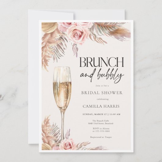 Brunch und Bubbly Pampas Grass Brautparty Einladung (Vorderseite)
