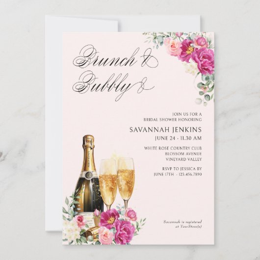Brunch und Bubbly Pink Champagner Brautparty Einladung (Vorderseite)