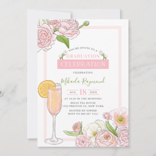 Brunch und Bubbly | Pink Floral Graduation Party Einladung (Vorderseite)