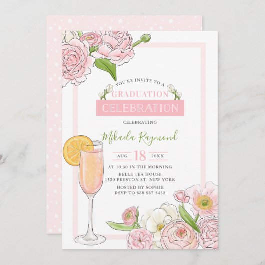 Brunch und Bubbly | Pink Floral Graduation Party Einladung (Vorne/Hinten)