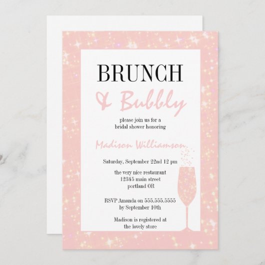 Brunch und Bubbly Pink Glitzer Champagner Glass Einladung (Vorne/Hinten)