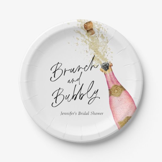 Brunch und Bubbly Pink und Gold Brautparty Pappteller (Vorderseite)
