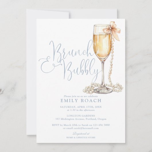 Brunch und Bubbly QR Code Dusty Blue Brautparty Einladung (Vorderseite)