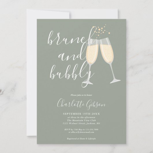 Brunch und Bubbly QR-Code Sage Grünes Brautbad Einladung (Vorderseite)