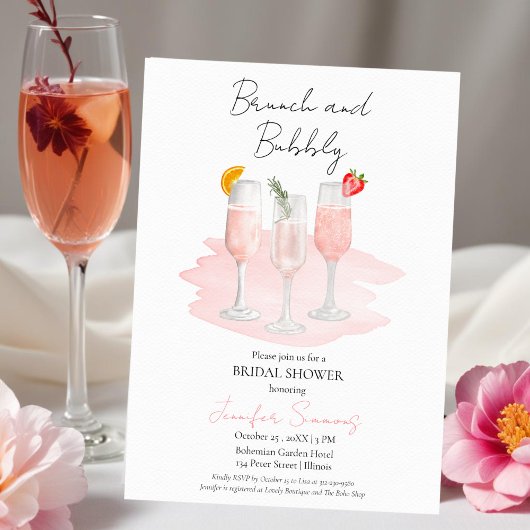 Brunch und Bubbly | Rosa Cocktails Brautparty Einladung