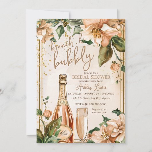 Brunch und Bubbly, Rose gold Bridal Champagne Einladung (Vorderseite)