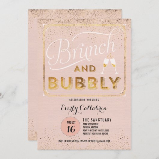 Brunch und Bubbly Rose Gold Shower Einladungen (Vorne/Hinten)