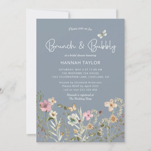 Brunch und Bubbly Wildblume Blue Brautparty Einladung (Vorderseite)