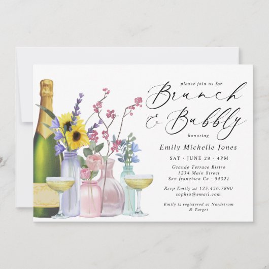 Brunch und Bubbly | Wildblumen und Champagner Einladung (Vorderseite)