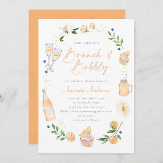 Brunch und Champagner Brautparty Party Einladung (Vorne/Hinten)