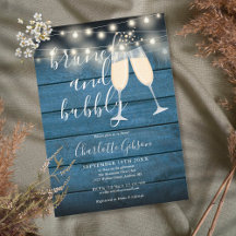 Brunch und Sprudel Brautparty Blau Rustikales Holz