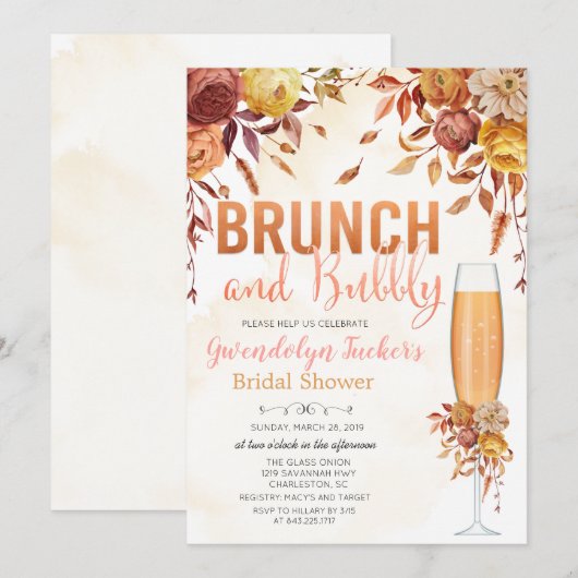 Brunch und Sprudel Hochzeitsdusche Einladung (Vorne/Hinten)