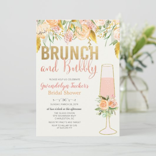 Brunch und Sprudel Hochzeitsdusche Einladung (Stehend Vorderseite)