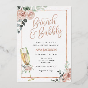 Brunch und sprudelnde Blush-Blumen Hochzeitsdusche Folieneinladung
