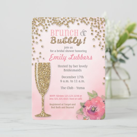 Brunch und sprudelnde Brautparty-Glitzer-Einladung Einladung (Stehend Vorderseite)