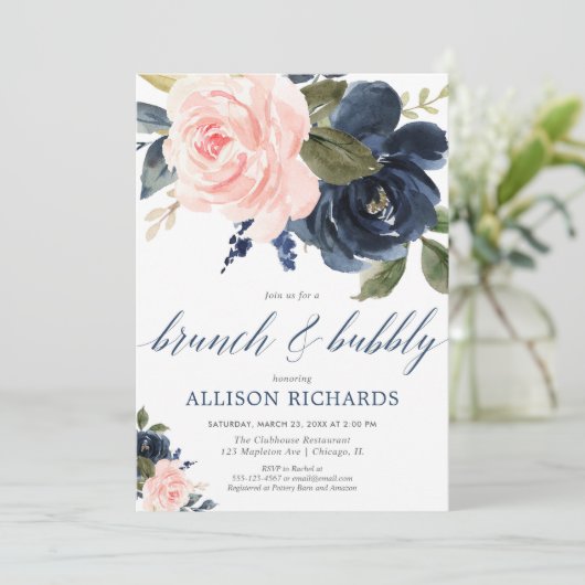Brunch und sprudelnde erröten Rosa und Marineblau Einladung (Stehend Vorderseite)