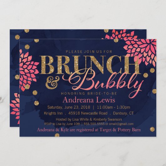 Brunch und sprudelnde Glitzerwatercolor-Dusche Einladung (Vorne/Hinten)