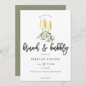 Brunch und sprudelndes rosa BlumenBrautparty Einladung (Vorne/Hinten)