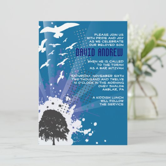 BRUNDGE BAUM MIT VÖGELN Bar Bat Mitzvah Einladung (Stehend Vorderseite)