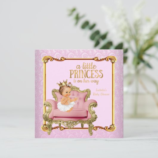 Brünett Baby Princess Baby Dusche Pink Gold Stuhl Einladung (Stehend Vorderseite)