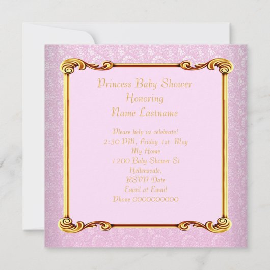 Brünett Baby Princess Baby Dusche Pink Gold Stuhl Einladung (Rückseite)