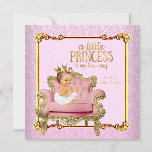 Brünett Baby Princess Baby Dusche Pink Gold Stuhl Einladung (Vorderseite)