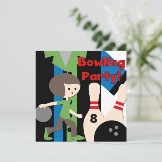 Brünett Boy Bowling Party Einladungen (Stehend Vorderseite)