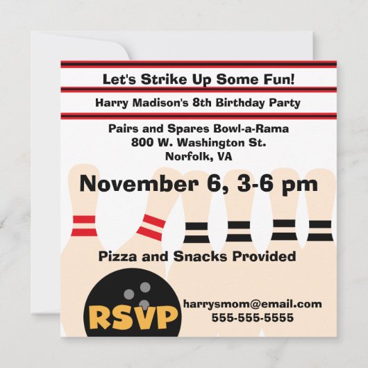 Brünett Boy Bowling Party Einladungen (Rückseite)