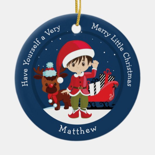 Brünett Boy Elf Keramik Ornament (Vorne)