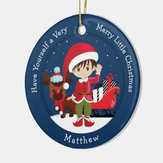 Brünett Boy Elf Keramik Ornament (Links)