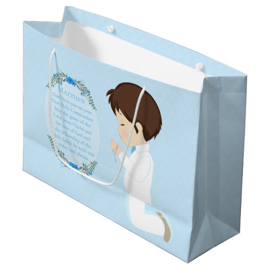 Brünett Boy First Communitybeutel Große Geschenktüte (Vorderseite Schrägansicht)