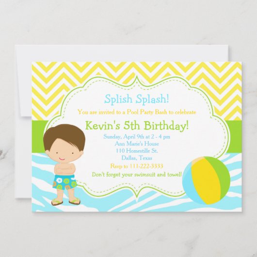 Brünett Boy Pool Party Bash Party Einladung (Vorderseite)