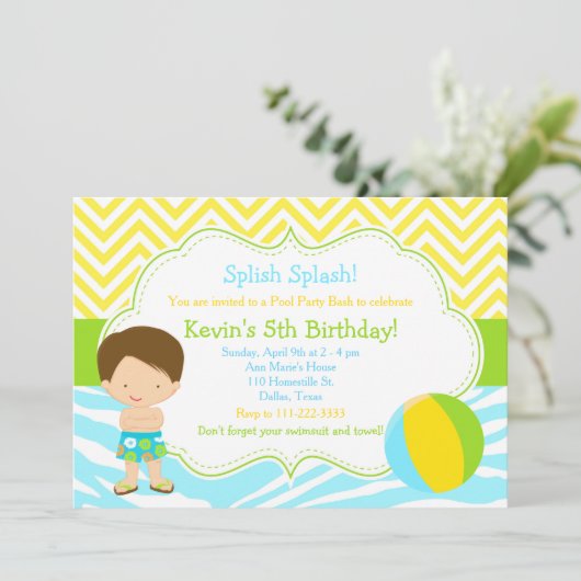Brünett Boy Pool Party Bash Party Einladung (Stehend Vorderseite)