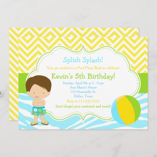 Brünett Boy Pool Party Bash Party Einladung (Vorne/Hinten)